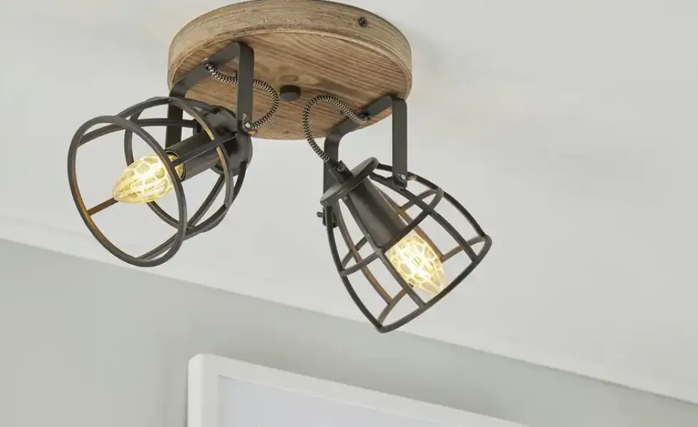 Deckenleuchte, 2-flammig, Holz/Metall Frame