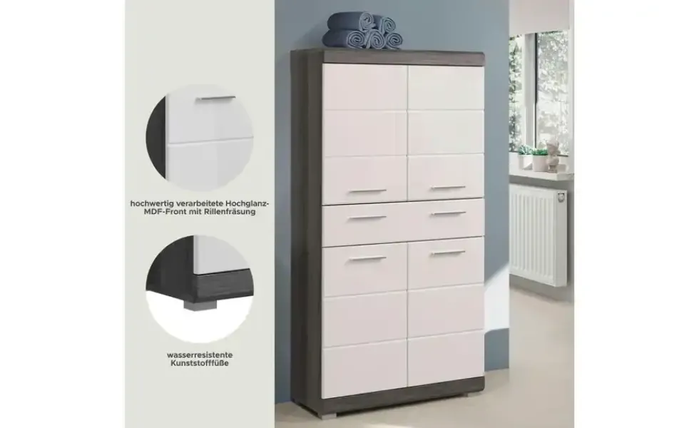 Midischrank SCHLOONSEE, Breite 74cm, 4 Türen, 1 Schubkasten, 4 Fächer, MDF-Front, in verschiedenen Farben erhältlich, Badmöbel, Badschrank, Schrank, Bad Schloonsee