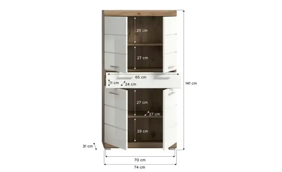 Midischrank WALDSEE, Breite 74cm, 4 Türen, 1 Schubkasten, 4 Fächer, MDF-Front, in verschiedenen Farben erhältlich, Badmöbel, Badschrank, Schrank, Bad Waldsee