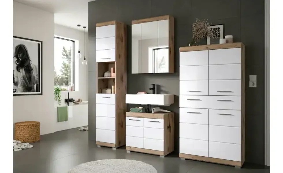 Midischrank WALDSEE, Breite 74cm, 4 Türen, 1 Schubkasten, 4 Fächer, MDF-Front, in verschiedenen Farben erhältlich, Badmöbel, Badschrank, Schrank, Bad Waldsee