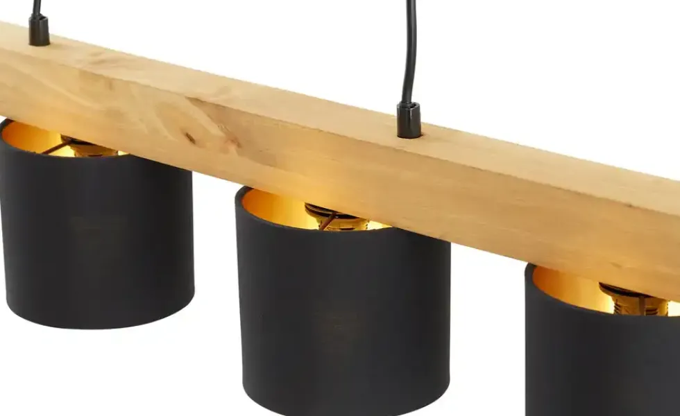 Pendelleuchte, 4-flammig, Holz/ Stoffschirm schwarz/goldfarben
