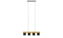 Pendelleuchte, 4-flammig, Holz/ Stoffschirm schwarz/goldfarben