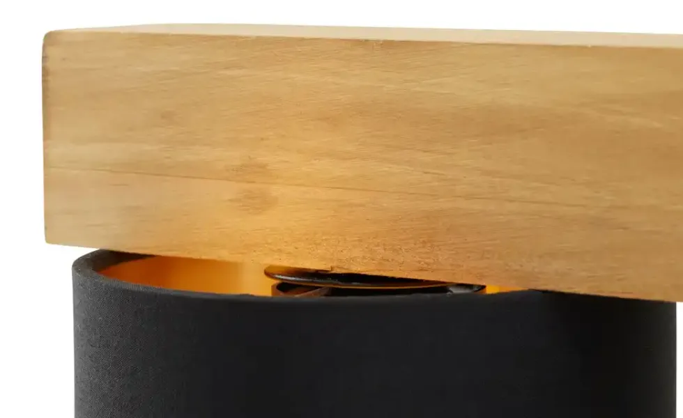 Pendelleuchte, 4-flammig, Holz/ Stoffschirm schwarz/goldfarben