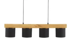 Pendelleuchte, 4-flammig, Holz/ Stoffschirm schwarz/goldfarben