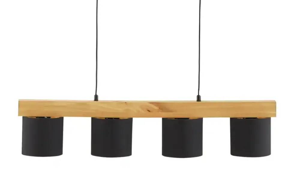 Pendelleuchte, 4-flammig, Holz/ Stoffschirm schwarz/goldfarben