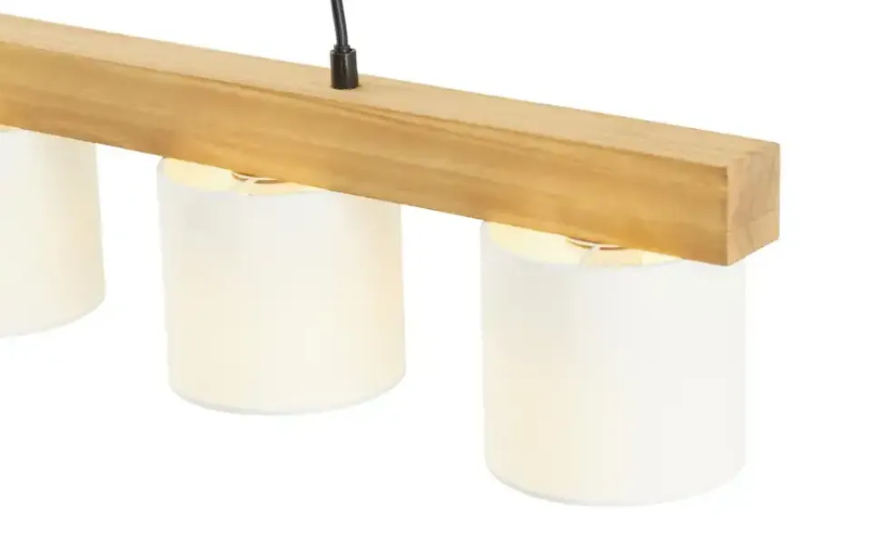 Pendelleuchte, 4-flammig, Holz/ Stoffschirm weiß