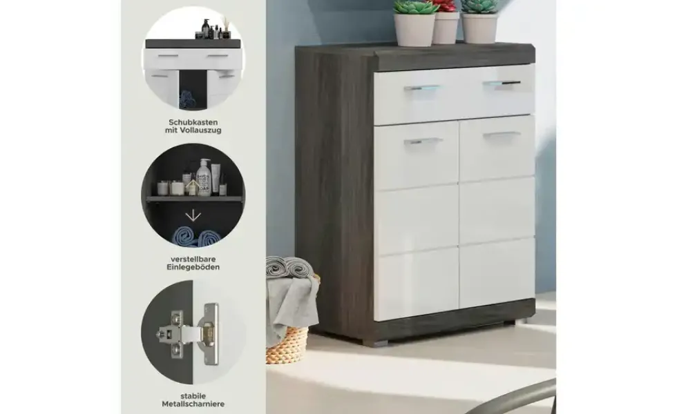 Unterschrank SCHLOONSEE, Breite 74cm, 2 Tür, 1 Schubkasten, 2 Fächer, MDF-Front in verschiedenen Farben erhältlich, Badmöbel, Badschrank, Kommode, Bad Schloonsee